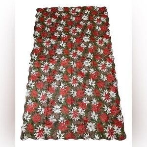 Vintage MCM Poinsettia Vinyl Tablecloth Christmas 52x84 EZ Clean Cottage Grandma
